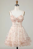 New Fashion Champagne Floral Design A-line Corset Spaghetti Strap Short Homecoming Dress, HZ0319