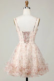 New Fashion Champagne Floral Design A-line Corset Spaghetti Strap Short Homecoming Dress, HZ0319