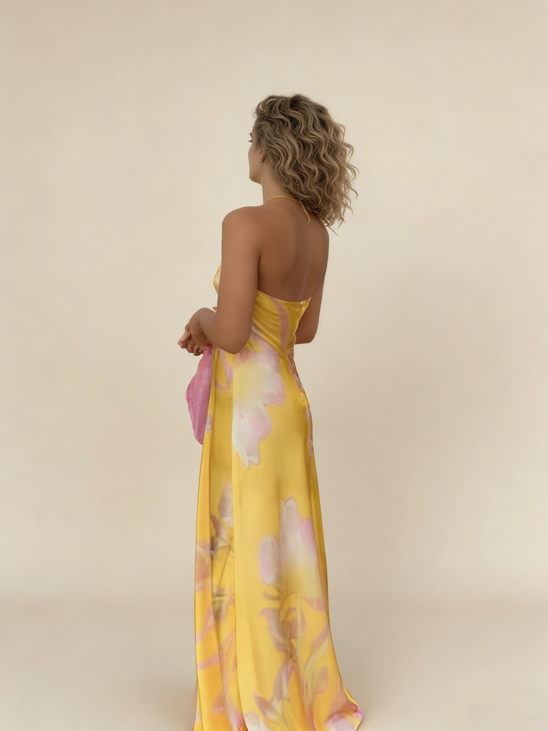 Yellow A-Line Halter Satin Long Party Dress Wedding Guest Dress, HZ0319
