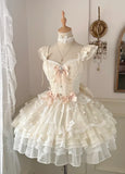 Vintage Beige Sweetheart Bow Lace-up Design A-line Tulle Tiered Party Dress Homecoming Dress HZ0319