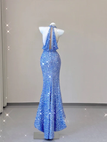 Blue V Neck Halter Sequins Sheath Long Party Dress Birthday Outfits HZ0319