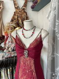 Burgundy V Neck Lace Long Prom Dress Mermaid Evening Party Gown, HZ0319