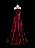 Wine Red Strapless A-Line Satin Long Prom Dress Vintage Evening Dresses, HZ0319