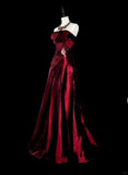 Wine Red Strapless A-Line Satin Long Prom Dress Vintage Evening Dresses, HZ0319