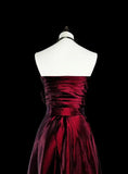 Wine Red Strapless A-Line Satin Long Prom Dress Vintage Evening Dresses, HZ0319