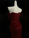 Burgundy Off Shoulder Mermaid Sequins Long Evening Party Dresses, HZ0319