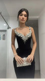 Elegant Black Straps Mermaid Beaded Long Party Dresses Evening Gown, HZ0319