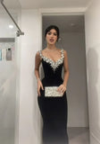Elegant Black Straps Mermaid Beaded Long Party Dresses Evening Gown, HZ0319