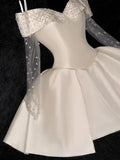White Off Shoulder A-Line Satin Short Party Dresses Birthday Party Dresses, HZ0319