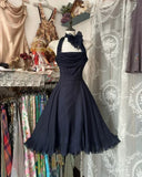 Navy Blue A-Line Halter Chiffon Vintage Short Dresses Homecoming Dresses, HZ0319