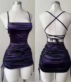 Purple Straps Sheath Satin Backless Homecoming Dresses Short Party Dresses, HZ0319
