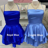 Royal Blue Straps A-Line Satin Simple Homecoming Dress Mini Birthday Outfits, HZ0319