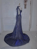 Shiny Navy Halter Backless Mermaid Satin Long Formal Prom Dress, HZ0319