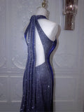 Shiny Navy Halter Backless Mermaid Satin Long Formal Prom Dress, HZ0319
