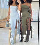 Light Blue Strapless Sheath Ruffles Long Party Dress Wedding Guest Dress, HZ0319