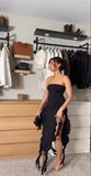 Black Strapless Sheath Ruffles Long Party Dress Wedding Guest Dress, HZ0319