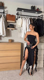 Black Strapless Sheath Ruffles Long Party Dress Wedding Guest Dress, HZ0319