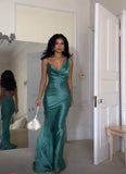 Blue Straps Cross Back Sheath Satin Long Party Dress Bridesmaid Dress, HZ0319