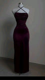 Burgundy Strps Backless Sheath Satin Simple Long Evening Party Dress, HZ0319