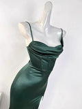 Green Spaghetti Straps Mermaid Satin Long Party Dress Wedding Guest Dress, HZ0319