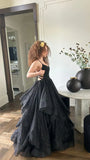 Black Straps A-Line Backless Shiny Long Party Dress Birthday Ball Gown, HZ0319
