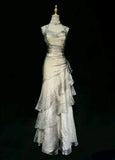 Champagne Straps Sheath Chiffon Vintage Long Prom Dress Evening Party Dress, HZ0319