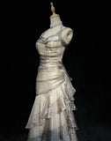 Champagne Straps Sheath Chiffon Vintage Long Prom Dress Evening Party Dress, HZ0319