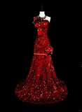 Charming Red One Shoulder Mermaid Sequins Vintage Long Evening Party Dress, HZ0319