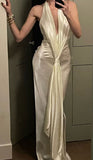 Elegant Ivory Halter Neck Mermaid Satin Long Party Dress Evening Gown, HZ0319