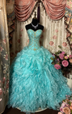 Tiffany Blue Strapless Beading Organza Vintage Long Party Dress Evening Gown, HZ0319