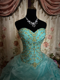 Tiffany Blue Strapless Beading Organza Vintage Long Party Dress Evening Gown, HZ0319