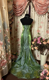 Retro Green Strapless Organza Tiered Sheath Long Party Dress Evening Gown, HZ0319