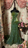 Retro Green Strapless Organza Tiered Sheath Long Party Dress Evening Gown, HZ0319