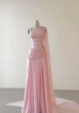 Pink One Shoulder A-Line Beading Chiffon Long Party Dress Formal Prom Dress, HZ0319