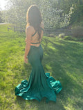 Green V Neck Backless Mermaid Satin Long Prom Dress Formal Party Dress, HZ0319
