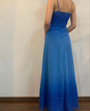 Navy Ombre Spaghetti Straps A-Line Beading Long Prom Dress Vintage Party Dress, HZ0319