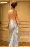Light Blue Spaghetti Straps Backless Mermaid Satin Long Prom Dress Evening Gown, HZ0319