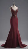 Elegant Burgundy Straps Mermaid Beading Long Formal Prom Dress Evening Gown, HZ0319