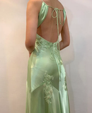 Green V Neck Straps Appliques Long Evening Party Dress HZ0319