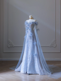 Elegant Blue Off Shoulder A-Line Floral Long Formal Prom Dress Birthday Outfits, HZ0319