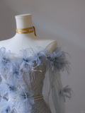 Elegant Blue Off Shoulder A-Line Floral Long Formal Prom Dress Birthday Outfits, HZ0319