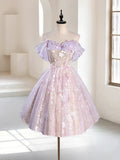 Vintage Light Purple Applique Floral Beaded Off-the-shoulder Design A-line Tulle Party Dress Homecoming Dress HZ0319