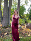 Dark Green V Neck Halter Mermaid Satin Long Prom Dress HZ0319