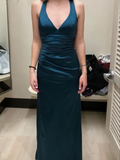 Dark Green V Neck Halter Mermaid Satin Long Prom Dress HZ0319