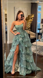 Glitter Blue Strapless A-Line Lace Tiered Long Prom Dress with Split HZ0319